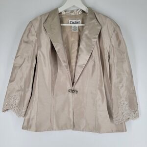 Vintage Cachet Womens Beige Brocade Lace Trim Blazer Jacket Formal Evening Sz 14